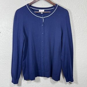 Riley & Rae Cardigan Sweater XL Navy White Cotton‎ Stretch Old Money Minimalist